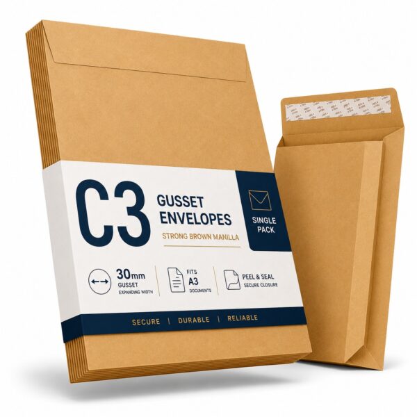 HSD-ENV-C3G C3 Gusset Envelopes – Strong Brown Manilla A3 (140gsm, 30mm Expanding Width) – Durable & Weather-Resistant for Bulk Mail