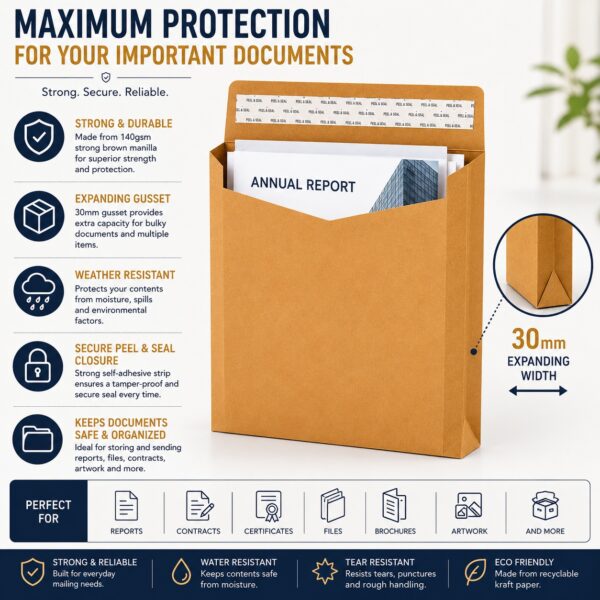 C3 Gusset Envelopes – Strong Brown Manilla A3 (140gsm, 30mm Expanding Width) – Durable & Weather-Resistant for Bulk Mail 5 C3 Gusset Envelopes – Strong Brown Manilla A3 (140gsm, 30mm Expanding Width) – Durable & Weather-Resistant for Bulk Mail