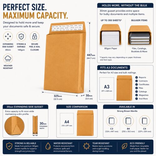 C3 Gusset Envelopes – Strong Brown Manilla A3 (140gsm, 30mm Expanding Width) – Durable & Weather-Resistant for Bulk Mail 16 C3 Gusset Envelopes – Strong Brown Manilla A3 (140gsm, 30mm Expanding Width) – Durable & Weather-Resistant for Bulk Mail