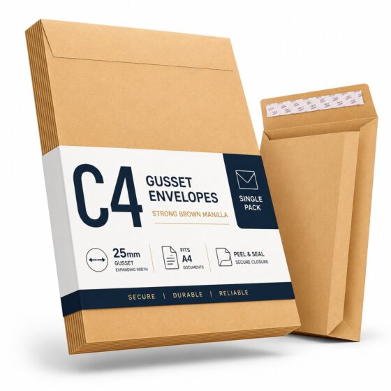 C4 Gusset Envelopes – Strong Brown Manilla A4 (115gsm, 25mm Expanding Width) – Durable & Weather-Resistant for Bulk Mail
