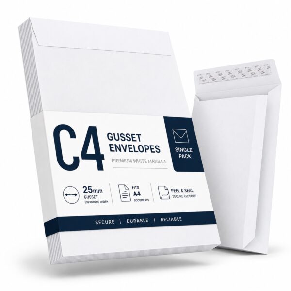 HSD-ENV-C4GW C4 Gusset Envelope – White Manilla A4 (140gsm, 25mm Expanding Width, Peel & Seal Closure) – Durable & Secure Mailing Solution