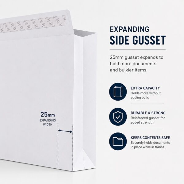 C4 Gusset Envelope – White Manilla A4 (140gsm, 25mm Expanding Width, Peel & Seal Closure) – Durable & Secure Mailing Solution 1 C4 Gusset Envelope – White Manilla A4 (140gsm, 25mm Expanding Width, Peel & Seal Closure) – Durable & Secure Mailing Solution