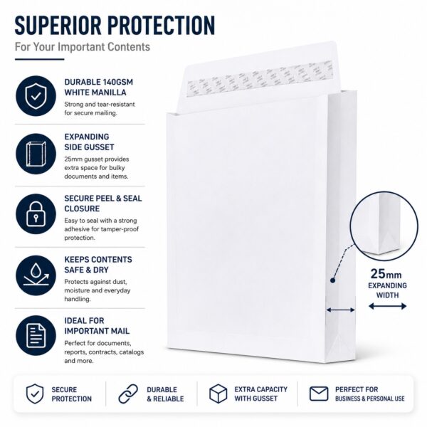 C4 Gusset Envelope – White Manilla A4 (140gsm, 25mm Expanding Width, Peel & Seal Closure) – Durable & Secure Mailing Solution 4 C4 Gusset Envelope – White Manilla A4 (140gsm, 25mm Expanding Width, Peel & Seal Closure) – Durable & Secure Mailing Solution