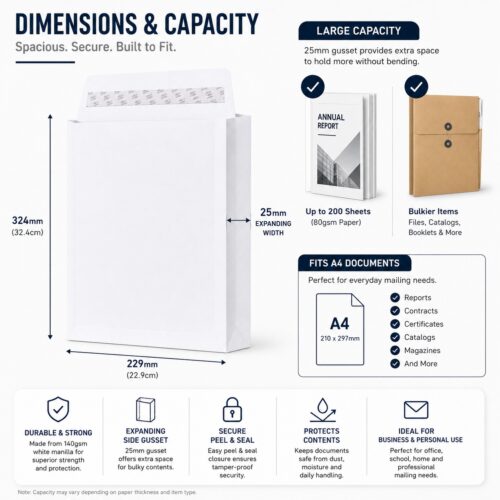 C4 Gusset Envelope – White Manilla A4 (140gsm, 25mm Expanding Width, Peel & Seal Closure) – Durable & Secure Mailing Solution 12 C4 Gusset Envelope – White Manilla A4 (140gsm, 25mm Expanding Width, Peel & Seal Closure) – Durable & Secure Mailing Solution