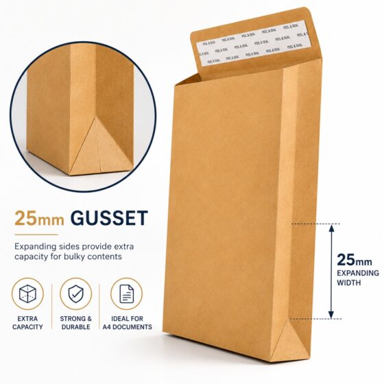 C4 Gusset Envelopes – Strong Brown Manilla A4 (115gsm, 25mm Expanding Width) – Durable & Weather-Resistant for Bulk Mail