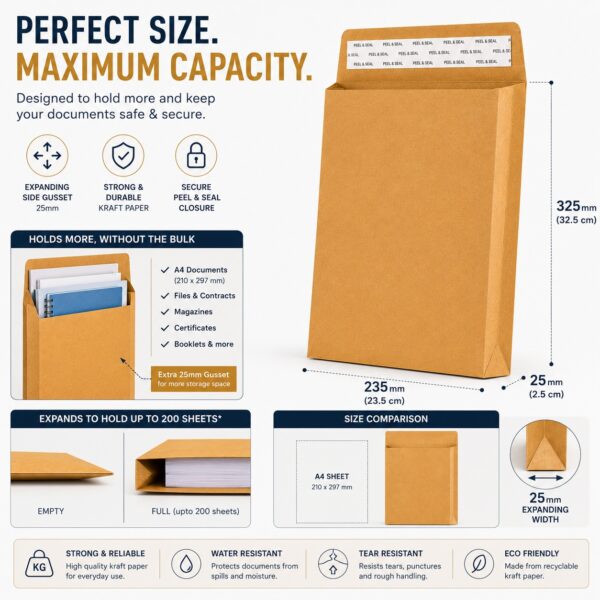 C4 Gusset Envelopes – Strong Brown Manilla A4 (115gsm, 25mm Expanding Width) – Durable & Weather-Resistant for Bulk Mail 6 C4 Gusset Envelopes – Strong Brown Manilla A4 (115gsm, 25mm Expanding Width) – Durable & Weather-Resistant for Bulk Mail