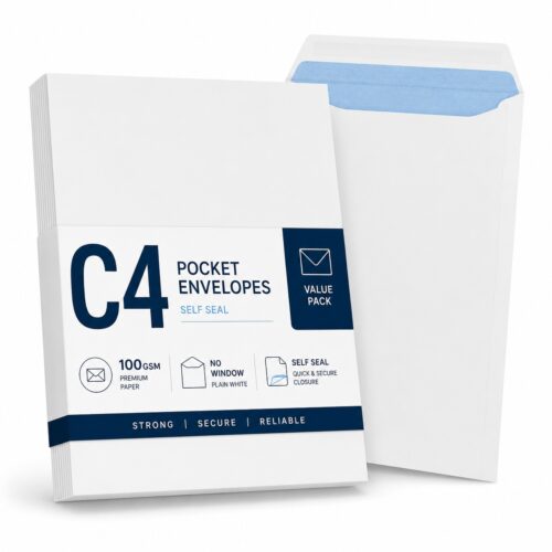 C4 Plain White Envelopes – Self-Seal Gummed, 100gsm, Pocket, No Window – Durable & Secure Mailing Solution