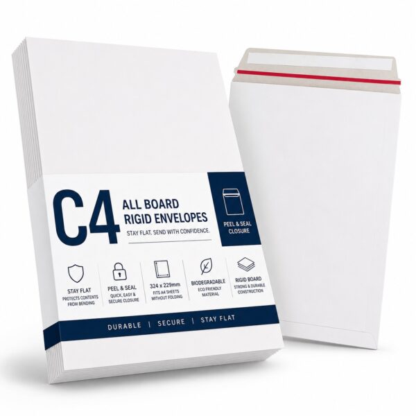C4 All Board Rigid White Envelopes – Peel & Seal, Stay Flat, Biodegradable, 324x229mm – Durable Mailing Solution