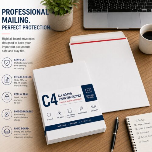 C4 All Board Rigid White Envelopes – Peel & Seal, Stay Flat, Biodegradable, 324x229mm – Durable Mailing Solution