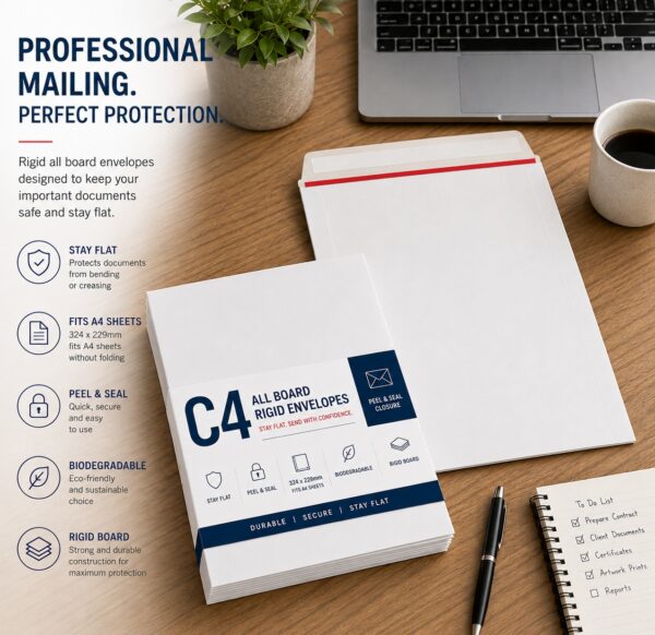 C4 All Board Rigid White Envelopes – Peel & Seal, Stay Flat, Biodegradable, 324x229mm – Durable Mailing Solution
