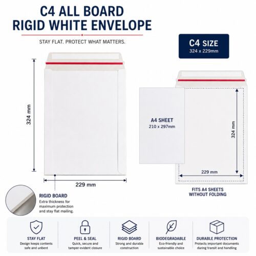 C4 All Board Rigid White Envelopes – Peel & Seal, Stay Flat, Biodegradable, 324x229mm – Durable Mailing Solution
