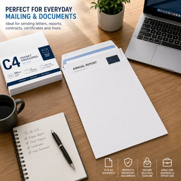 C4 Plain White Envelopes – Self-Seal Gummed, 100gsm, Pocket, No Window – Durable & Secure Mailing Solution 3 C4 Plain White Envelopes – Self-Seal Gummed, 100gsm, Pocket, No Window – Durable & Secure Mailing Solution