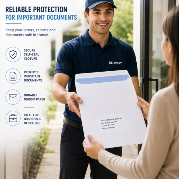 C4 Plain White Envelopes – Self-Seal Gummed, 100gsm, Pocket, No Window – Durable & Secure Mailing Solution 4 C4 Plain White Envelopes – Self-Seal Gummed, 100gsm, Pocket, No Window – Durable & Secure Mailing Solution