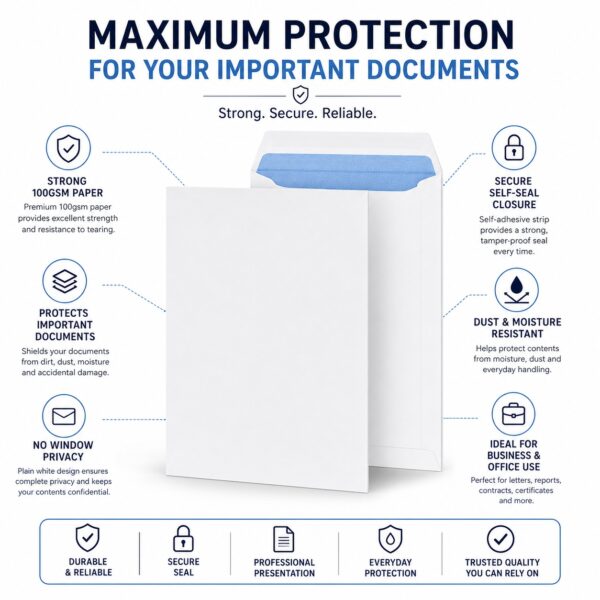 C4 Plain White Envelopes – Self-Seal Gummed, 100gsm, Pocket, No Window – Durable & Secure Mailing Solution 5 C4 Plain White Envelopes – Self-Seal Gummed, 100gsm, Pocket, No Window – Durable & Secure Mailing Solution
