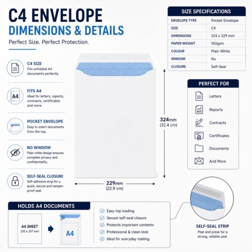 C4 Plain White Envelopes – Self-Seal Gummed, 100gsm, Pocket, No Window – Durable & Secure Mailing Solution 14 C4 Plain White Envelopes – Self-Seal Gummed, 100gsm, Pocket, No Window – Durable & Secure Mailing Solution