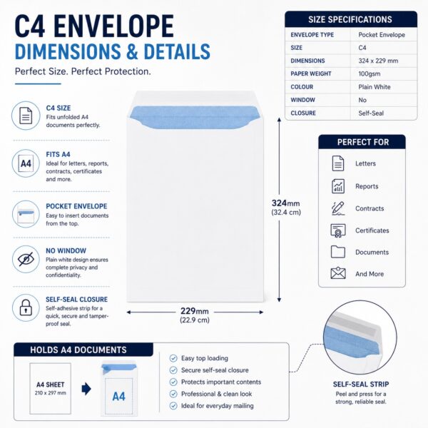 C4 Plain White Envelopes – Self-Seal Gummed, 100gsm, Pocket, No Window – Durable & Secure Mailing Solution 6 C4 Plain White Envelopes – Self-Seal Gummed, 100gsm, Pocket, No Window – Durable & Secure Mailing Solution
