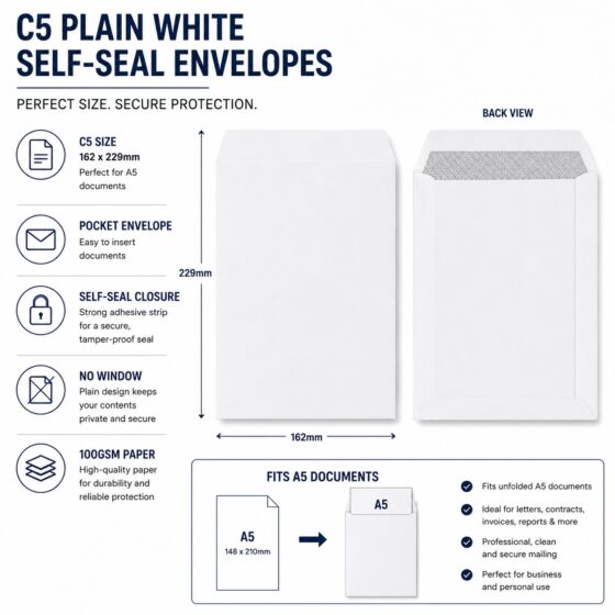 C5 Plain White Envelopes – Self-Seal Gummed, 100gsm, Pocket, No Window – Durable & Secure Mailing Solution