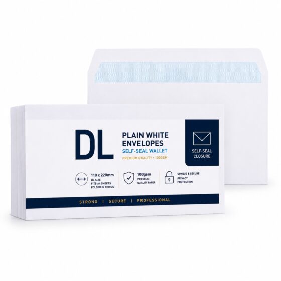 DL Plain White Envelopes – Self-Seal Wallet, 100gsm, 110x220mm – Durable & Secure Mailing Solution