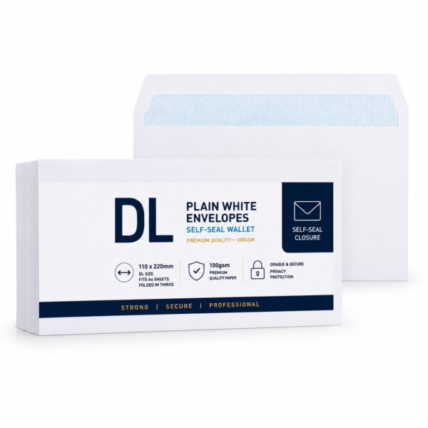 HSD-ENV-DLP DL Plain White Envelopes – Self-Seal Wallet, 100gsm, 110x220mm – Durable & Secure Mailing Solution