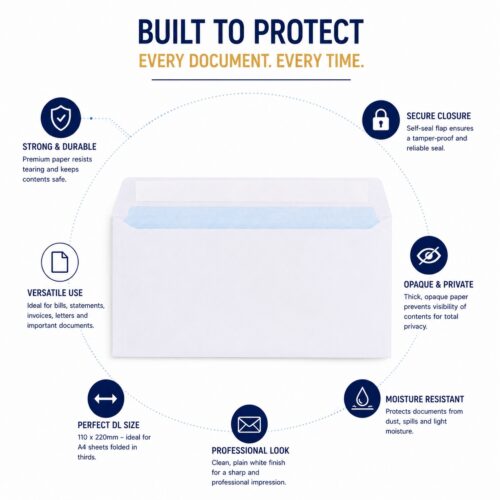 DL Plain White Envelopes – Self-Seal Wallet, 100gsm, 110x220mm – Durable & Secure Mailing Solution 11 DL Plain White Envelopes – Self-Seal Wallet, 100gsm, 110x220mm – Durable & Secure Mailing Solution