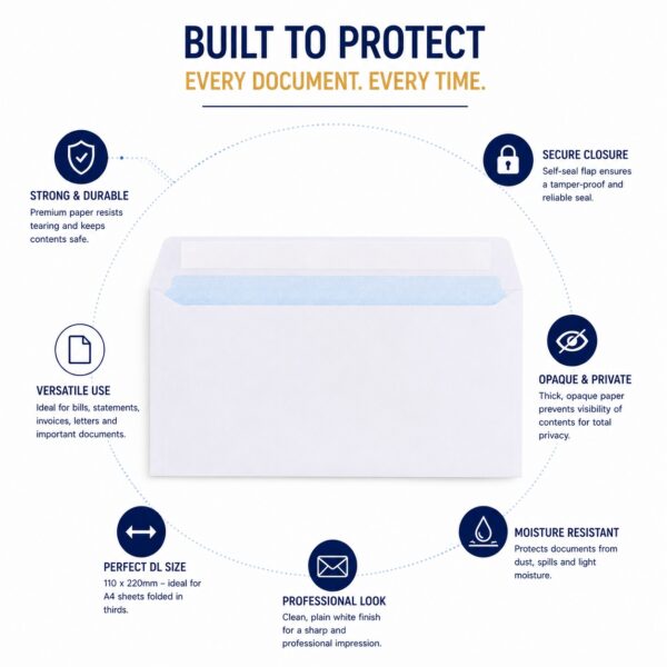 DL Plain White Envelopes – Self-Seal Wallet, 100gsm, 110x220mm – Durable & Secure Mailing Solution 4 DL Plain White Envelopes – Self-Seal Wallet, 100gsm, 110x220mm – Durable & Secure Mailing Solution