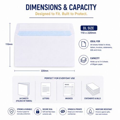 DL Plain White Envelopes – Self-Seal Wallet, 100gsm, 110x220mm – Durable & Secure Mailing Solution 12 DL Plain White Envelopes – Self-Seal Wallet, 100gsm, 110x220mm – Durable & Secure Mailing Solution