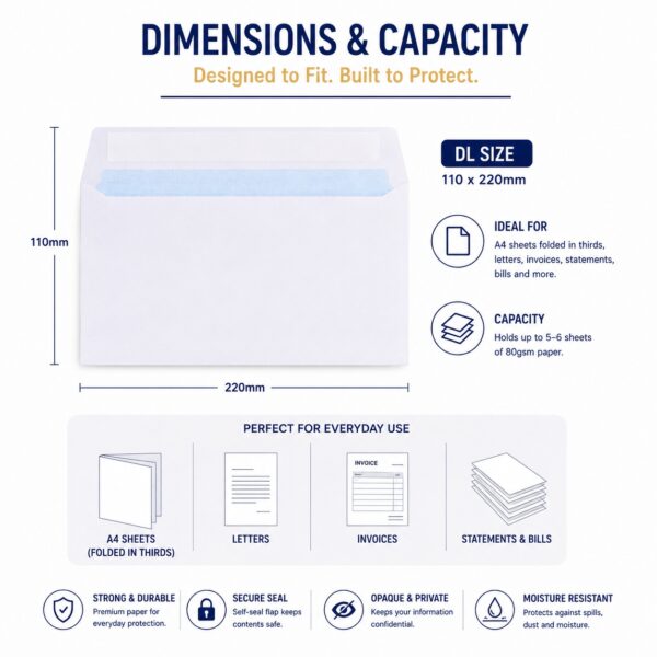 DL Plain White Envelopes – Self-Seal Wallet, 100gsm, 110x220mm – Durable & Secure Mailing Solution 5 DL Plain White Envelopes – Self-Seal Wallet, 100gsm, 110x220mm – Durable & Secure Mailing Solution