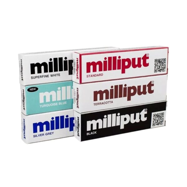 MLP-VP1 Milliput 6‑Colour Epoxy Putty Pack 113g – Standard, Silver Grey, Superfine White, Terracotta, Turquoise Blue & Black