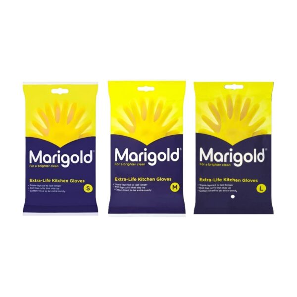 Marigold Extra‑Life Kitchen Gloves – Set of 3 (S, M & L) – Triple‑Layer Latex, Roll‑Top Cuffs, Cotton‑Lined