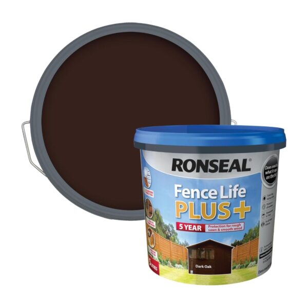 RNS-FLP-DK-OAK Ronseal Fence Life Plus+ Dark Oak (5L) – 5-Year All-Weather Protection for Sheds & Fences