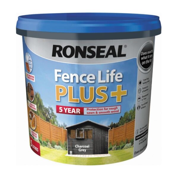 Ronseal Fence Life Plus+ Charcoal Grey (5L) – 5-Year All-Weather Protection for Sheds & Fences