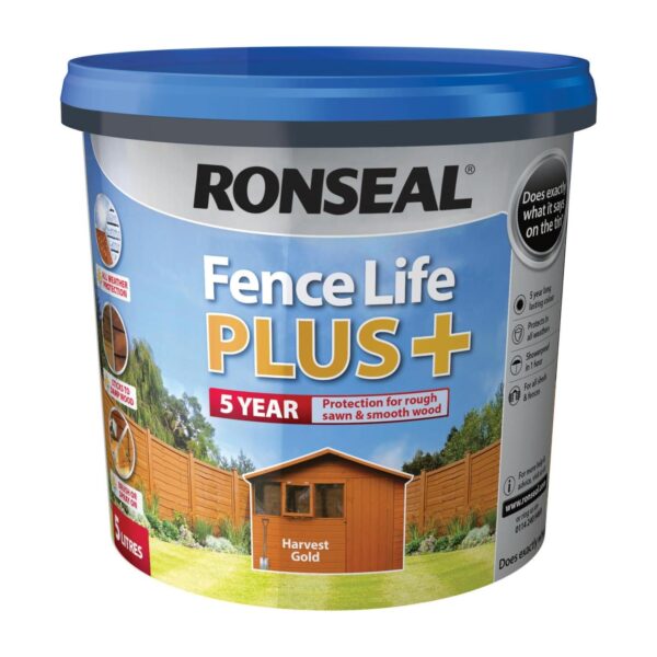 Ronseal Fence Life Plus+ Harvest Gold (5L) – 5-Year All-Weather Protection for Sheds & Fences 3 RNS FLP HRV GLD 4