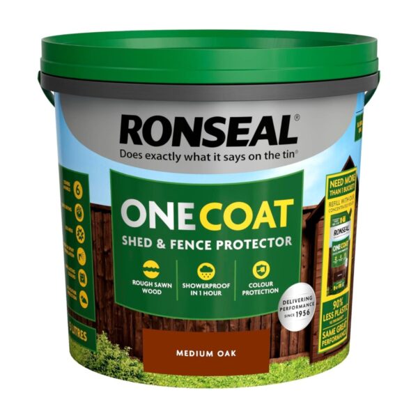Ronseal One Coat Shed & Fence Protector – Medium Oak (5L) – One Coat All Weather Protection