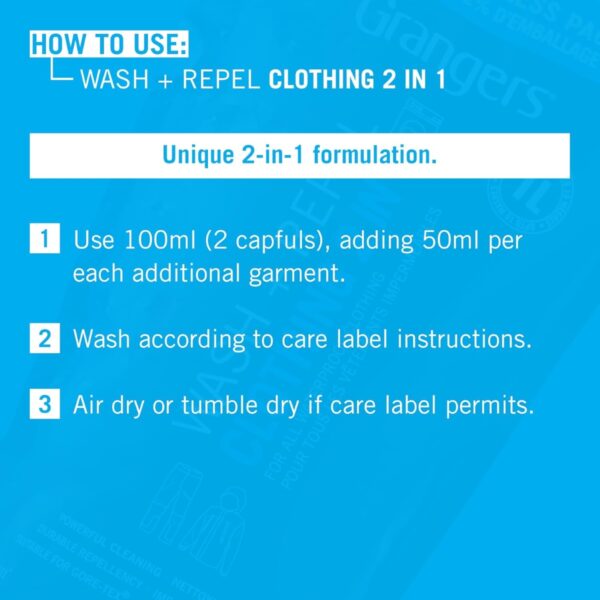 Grangers Wash + Repel 2‑in‑1 1000ml – Powerful Cleaner & Durable Water Repellent for Technical Clothing 4 Grangers Wash + Repel 2‑in‑1 1000ml – Powerful Cleaner & Durable Water Repellent for Technical Clothing