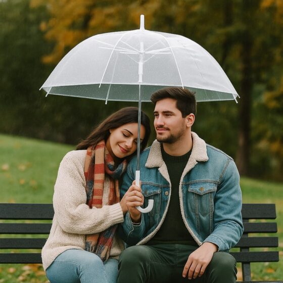 Clear Dome Bubble Umbrella (83cm) – Transparent Stick Wedding Brolly, Unisex White Handle, Full Hair & Shoulder Coverage