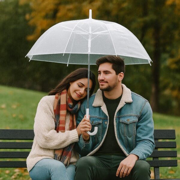 Clear Dome Bubble Umbrella (83cm) – Transparent Stick Wedding Brolly, Unisex White Handle, Full Hair & Shoulder Coverage