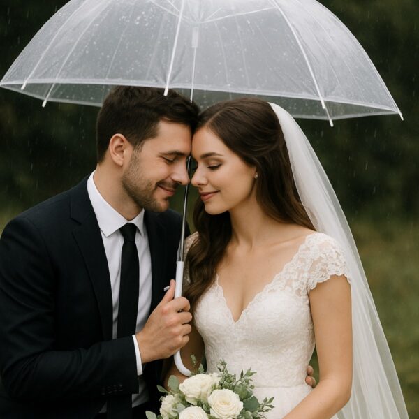 Clear Dome Bubble Umbrella (83cm) – Transparent Stick Wedding Brolly, Unisex White Handle, Full Hair & Shoulder Coverage