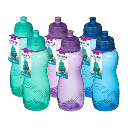 Sistema Twist 'n' Sip Squeeze Sports Water Bottle Set (600ml, 2 Turquoise, 2 Pink, 2 Blue) – Leakproof, BPA-Free & Recyclable