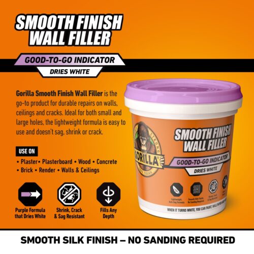 Gorilla Smooth Finish Wall Filler 473ml – Purple to White, Repairs Walls & Ceilings, Ready-Mixed, No Crack