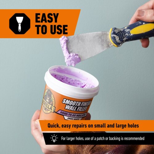 Gorilla Smooth Finish Wall Filler 473ml – Purple to White, Repairs Walls & Ceilings, Ready-Mixed, No Crack