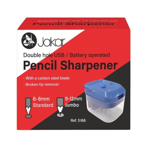 Jakar Electric Double Hole Pencil Sharpener – USB/Battery Operated, Blue, Carbon Steel Blades, Broken Tip Remover, 6–8mm & 9–12mm Pencils (5166)