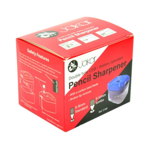 Jakar Electric Double Hole Pencil Sharpener – USB/Battery Operated, Blue, Carbon Steel Blades, Broken Tip Remover, 6–8mm & 9–12mm Pencils (5166)