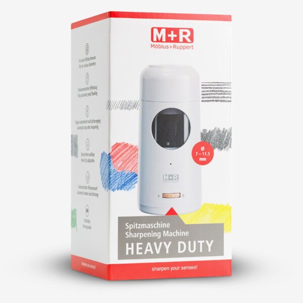 Möbius and Ruppert (M+R) Heavy Duty Electric Pencil Sharpener – 7–11.5mm Pencils, Helical Blade, Auto Feed & Discharge, Tip Adjustment, USB-C Rechargeable