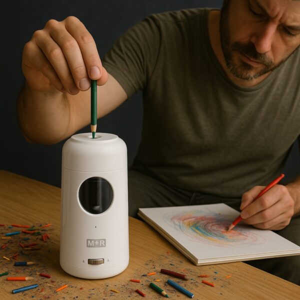 Möbius and Ruppert (M+R) Heavy Duty Electric Pencil Sharpener – 7–11.5mm Pencils, Helical Blade, Auto Feed & Discharge, Tip Adjustment, USB-C Rechargeable