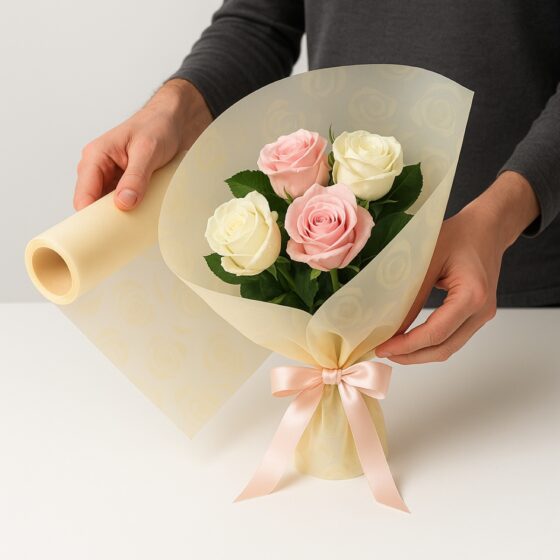 Oasis Abundance of Pink Cream Roses Cellophane (Roll & Folded) – 80cm Wide, Recyclable Floral Film