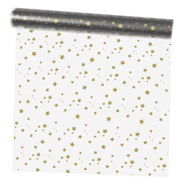 OAS-GST (2) Oasis 40 Micron Winter Spice Gold Stars Cellophane Wrap (Roll & Folded) – 80cm Wide, Folded, Recyclable Floral Film