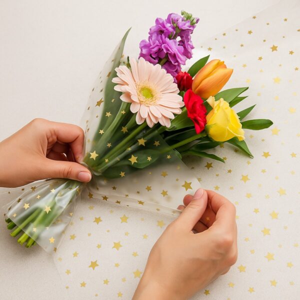Oasis 40 Micron Winter Spice Gold Stars Cellophane Wrap (Roll & Folded) – 80cm Wide, Folded, Recyclable Floral Film 1 Oasis 40 Micron Winter Spice Gold Stars Cellophane Wrap (Roll & Folded) – 80cm Wide, Folded, Recyclable Floral Film