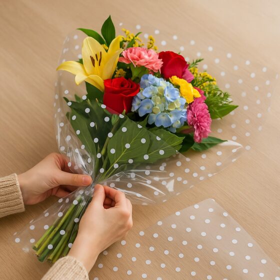 Oasis 40 Micron Clear Polka Dot Cellophane Wrap (Roll & Folded) – 80cm Wide, Waterproof & Recyclable Floral Film