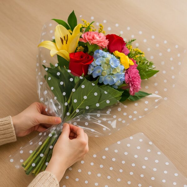 Oasis 40 Micron Clear Polka Dot Cellophane Wrap (Roll & Folded) – 80cm Wide, Waterproof & Recyclable Floral Film 1 Oasis 40 Micron Clear Polka Dot Cellophane Wrap (Roll & Folded) – 80cm Wide, Waterproof & Recyclable Floral Film