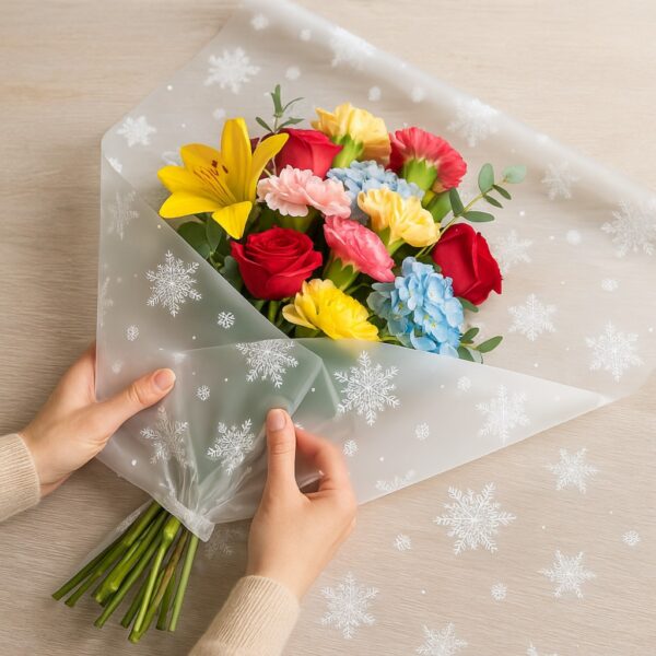 Oasis White Snowflake Cellophane Wrap (Roll & Folded) – 80cm Wide, Folded, Recyclable Floral Film 1 Oasis White Snowflake Cellophane Wrap (Roll & Folded) – 80cm Wide, Folded, Recyclable Floral Film
